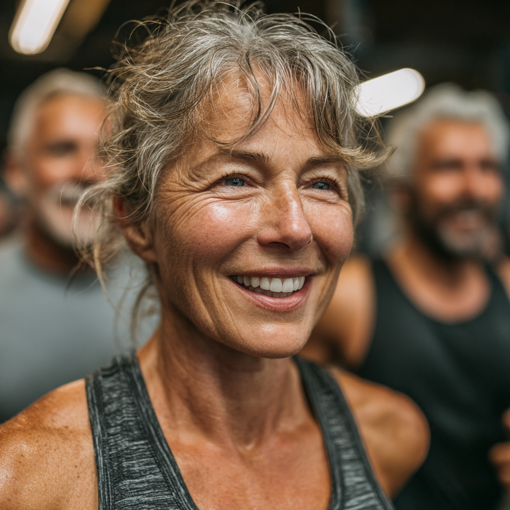 Grupo diverso de adultos maduros de 50-60 años disfrutando una clase de ejercicio grupal, mostrando alegría y compañerismo
