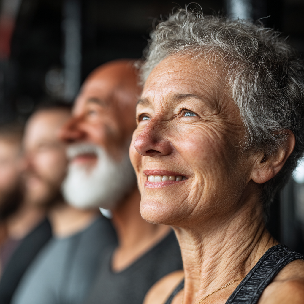Grupo diverso de adultos maduros de 50-60 años entrenando juntos en un gimnasio moderno, mostrando determinación y energía