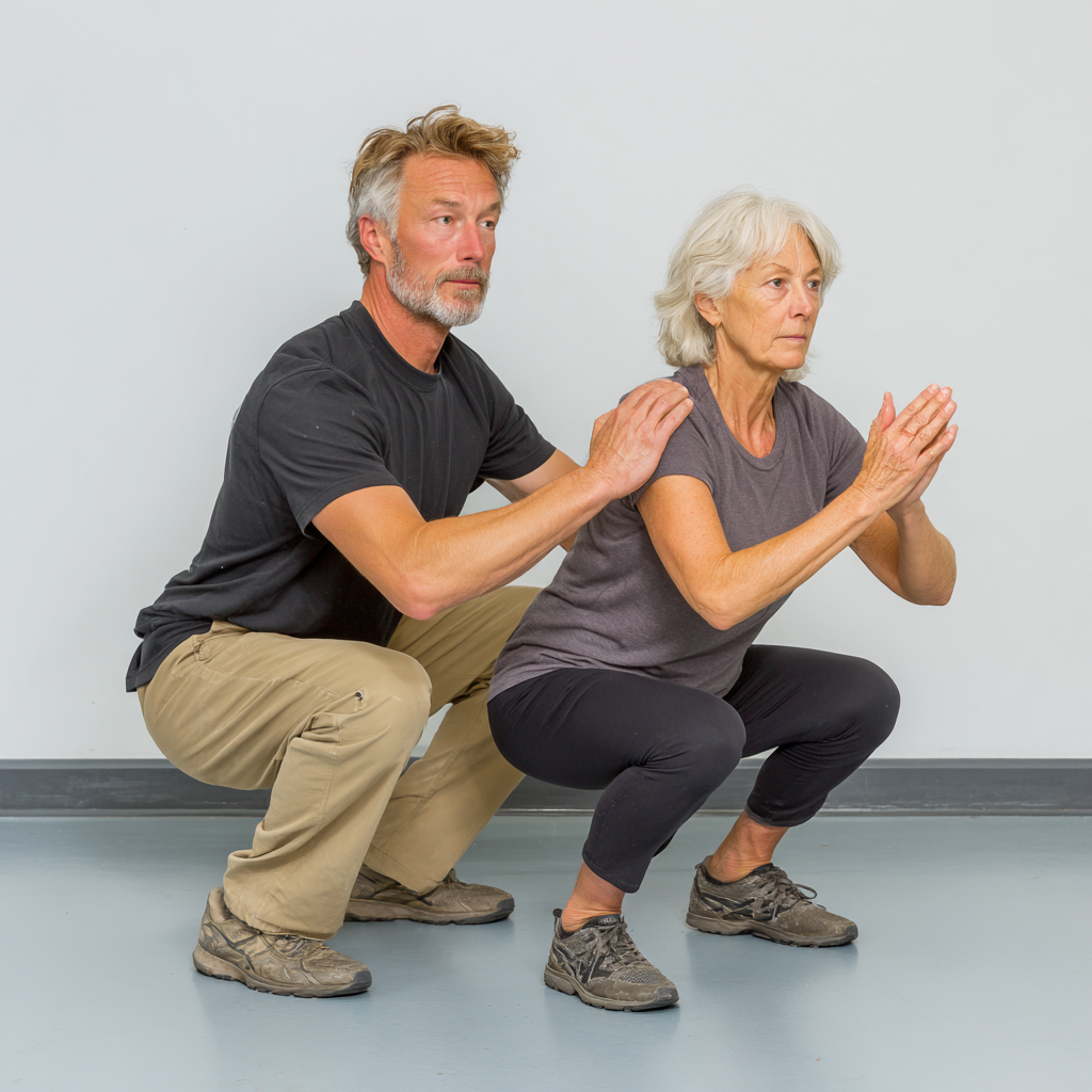 Entrenador personal trabajando individualmente con cliente maduro de 58 años, mostrando técnica correcta en ejercicio de sentadillas